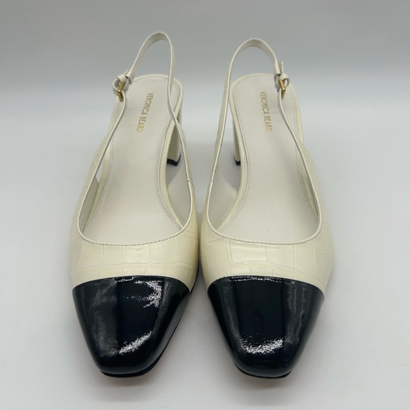 Veronica Beard Cecile Slingback Pumps Ivory Croc Leather Black Cap Toe Size 9M - Picture 6 of 14
